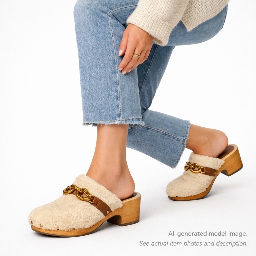 271. Tory Burch Shearling Chain Clog Mules Wooden Heel 9.5M